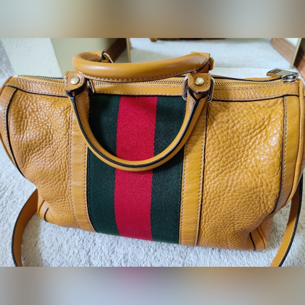 Gucci Tan Leather Tote Bag with Red and Green Stripe